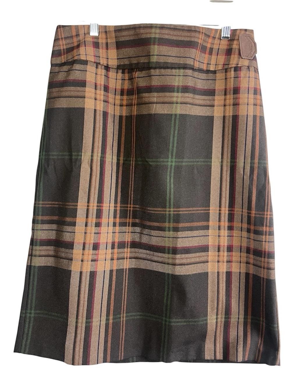 Dark Academia Plaid Midi Skirt Brown Faux Suede Buckle Size 8
